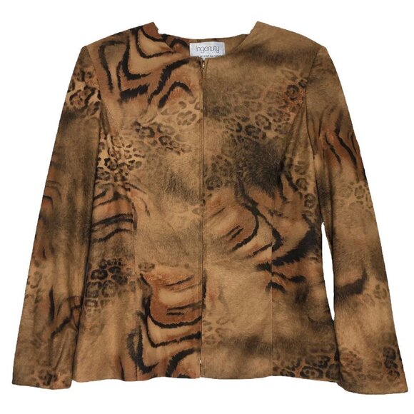 INGENUITY Brown Tiger & Leopard Print Full Zip Faux Suede Blazer Jacket - Size 6 - Picture 1 of 5